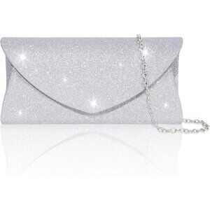 Glamorous Silver Glitter Evening Clutch with Chain - Perfect for Weddings & Prom